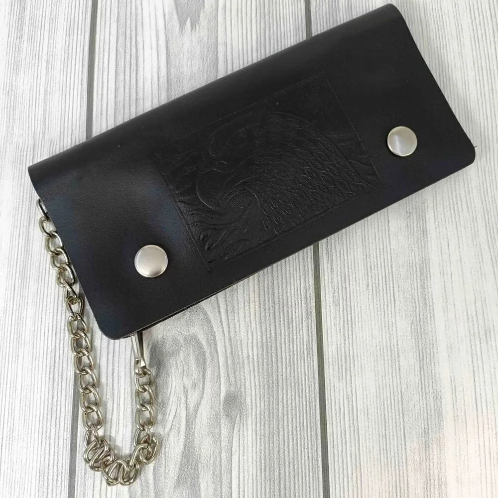 Black Leather Trifold Wallet with Chain